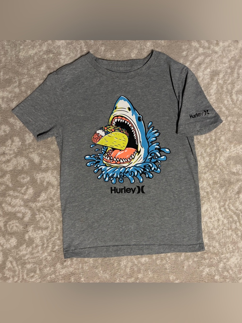 Hurley Kids Grey Short Sleeved Tee - Shark Taco Graphic Shirt - Kid Boys Size S